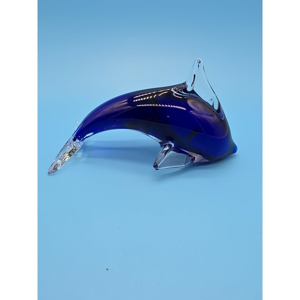 Dolphin Art Glass Blue Clear Paperweight Figurine Nautical 6" Murano Style